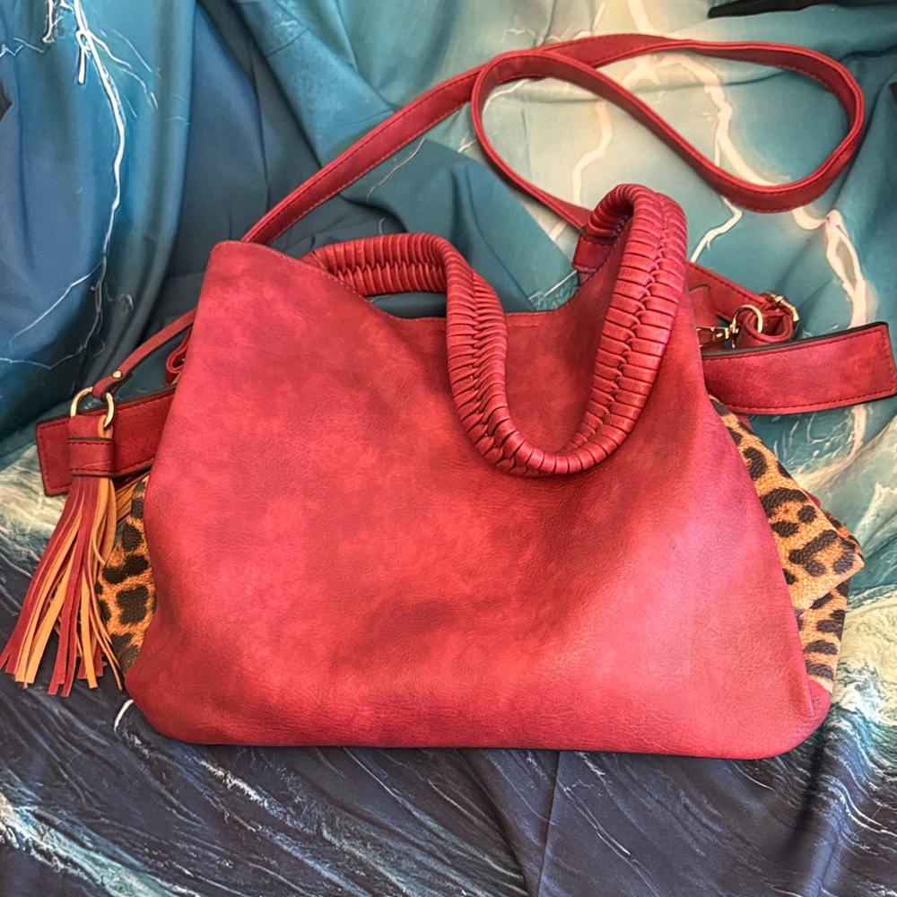 Red Women's Shoulder Bag with Braided Handles and Leopard Accent
